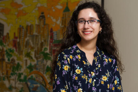 Bianca Ramos stands inside Garni Science Hall.