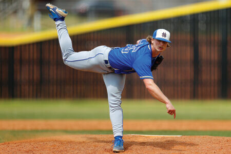 Former Rattler Baseball pitcher Collin Storms shows good form as he pitches during a St. Mary’s
University Baseball game in 2021.